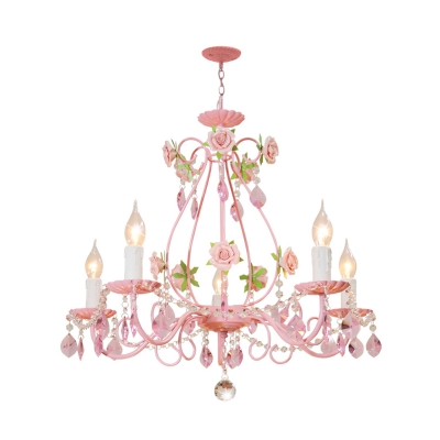 Candle Living Room Ceiling Chandelier Traditional K9 Crystal 3/5/8 Heads Pink Hanging Light Fixture