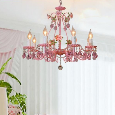 Candle Living Room Ceiling Chandelier Traditional K9 Crystal 3/5/8 Heads Pink Hanging Light Fixture