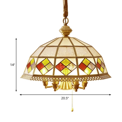 Colonial Dome Hanging Pendant 7 Heads Stained Frosted Glass Chandelier Lighting Fixture in Red