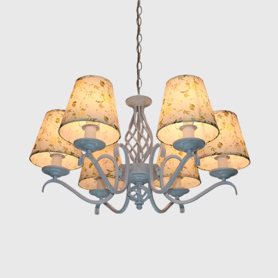 Cone Fabric Pendant Chandelier Traditionalist 6 Bulbs LED Bedroom Hanging Light in Light Blue