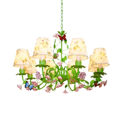 Countryside Barrel Chandelier Lighting Fixture 8 Heads Fabric Pendant Ceiling Light in Green for Living Room