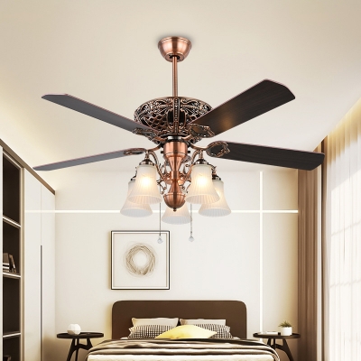 Cream Prismatic Glass Brown Ceiling Fan Lighting Bell 5 Heads Vintage Semi Flush Light Fixture for Bedroom