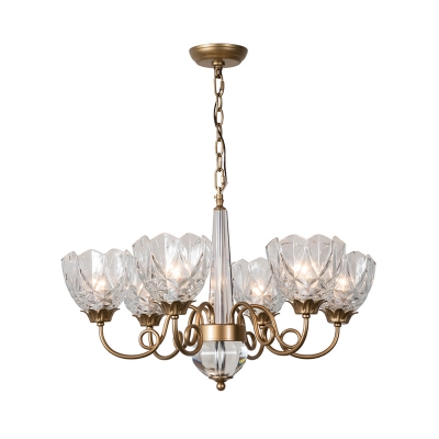 Crystal Bowl Chandelier Lamp Modernism 6 Bulbs Hanging Light Fixture with Brass Curved Metal Arm