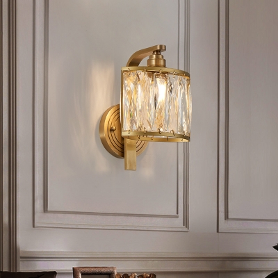 Crystal Square Wall Mounted Lamp Vintage 1 Head Bedroom Sconce Light Fixture in Gold