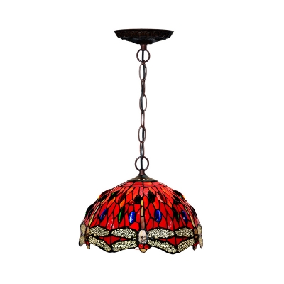 Dragonfly Ceiling Pendant Light Victorian Red/Green Stained Art Glass 1 Light Hanging Lamp for Kitchen