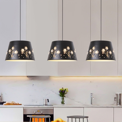 Drum Pendant Light Modern Metal 1 Light Black Suspension Lamp for Dining Room with Floral Pattern