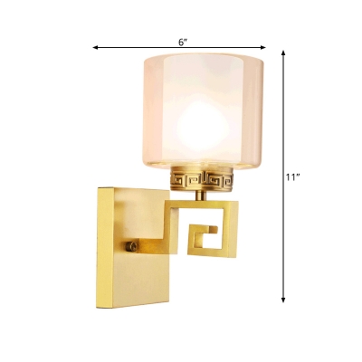 Drum Shade Corridor Wall Mounted Light Modern Style Clear and White Glass 1 Bulb Brass Finish Wall Light