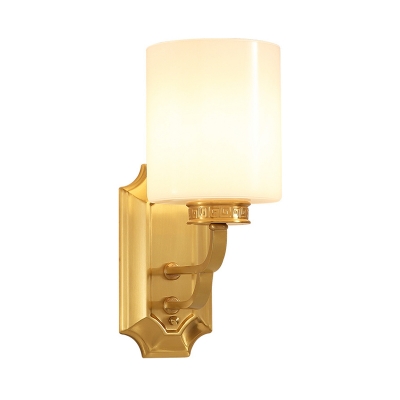 Glass White Wall Mount Lamp Drum Shade 1 Light Modernist Stylish Wall Sconce Lighting in Brass