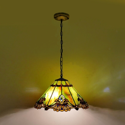 Green 1 Light Pendant Lamp Mediterranean Stained Glass Conical Hanging Light Ki