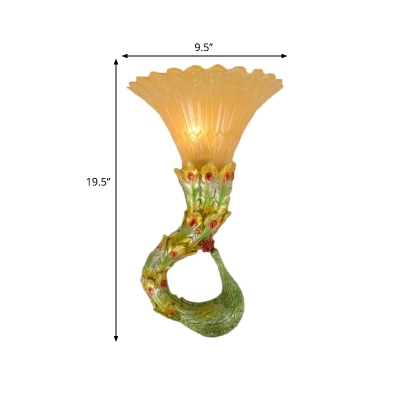 Green/Gold Peacock Wall Sconce Traditional Style Resin 1 Light Corridor Wall Mount Light with Amber Glass Flared Shade