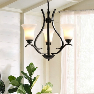 Ivory Glass Flared Chandelier Lamp Traditional 3/6/8 Heads Dining Room Pendant Light Fixture in Black