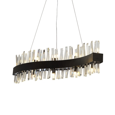 LED Wavy Hanging Chandelier Traditional Black Rectangle-Cut Crystal Ceiling Suspension Lamp
