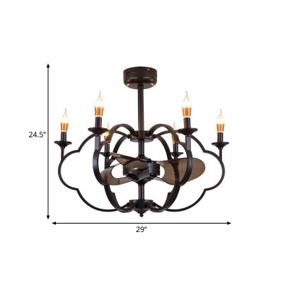 Metallic Candle Chandelier Pendant Light Industrial Style 6 Bulbs Black Finish Hanging Light for Bedroom
