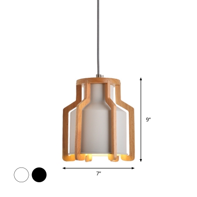 Milk Can Hanging Pendant Light Contemporary Metal 1 Light White/Black Suspension Lamp with Wood Cage