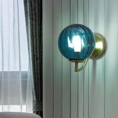 Modern 1 Bulb Sconce Light Brass Globe Wall Mounted Lighting with Blue Glass Shade