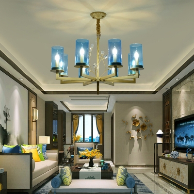 Modern Style Cylinder Chandelier Lamp Blue Glass 8/10 Lights Living Room Hanging Ceiling Light