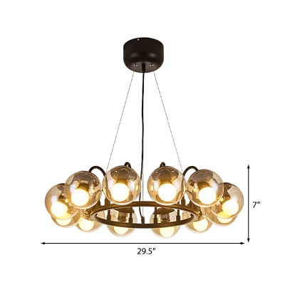Modernism Orb Chandelier Light with Metal Ring 12 Lights Cognac Glass Ceiling Hanging Light