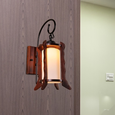 Modernist Lantern Sconce Light Fixture Frosted Glass and Wood 1 Bulb Bedroom Red Brown Wall Lamp with Curved Arm