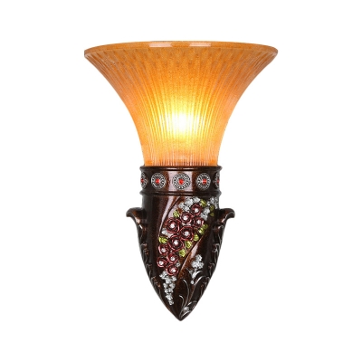 Orange Glass Bell Flush Wall Sconce Farmhouse Style 1 Light Living Room Wall Mount Light in Gold/Red Brown