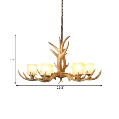 Resin Branch Chandelier Lamp Traditionary 3/6 Heads Ceiling Hanging Light in Brown with Cylinder Frosted Glass Shade