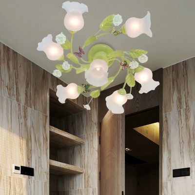 Scalloped Bedroom Semi-Flush Mount Traditional Opaque Glass 7 Bulbs Green Ceiling Light Fixture