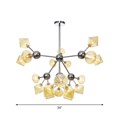 Sputnik Living Room Hanging Fixture Amber/Clear Glass 3/9/12 Lights Industrial Chandelier Lamp with Diamond Shade, 13