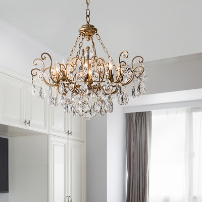 Swooping Arm Crystal Ceiling Chandelier Rustic 6/8/10 Lights Hanging Lamp Kit in Brass for Dining Room