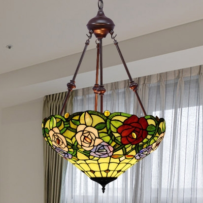 Tiffany-Style Rose Chandelier Light 2 Lights Cut Glass Suspension Lighting Fixture in Red/Orange/Yellow