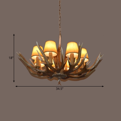 Traditional Branch Ceiling Chandelier Resin 4/6/8 Bulbs Pendant Light Fixture in Brown with Beige Cone Fabric Shade