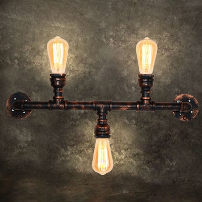 Water Pipe Sconce Wall Light Rustic Style Iron 3 Lights Weathered Copper Wall Mounted Light for Bedroom