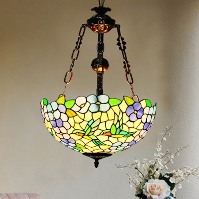Weathered Copper Flower Chandelier Lighting Tiffany 3 Lights Stained Glass Hanging Lamp