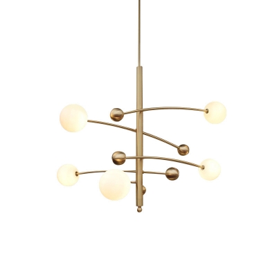 White Glass Orb Chandelier Lighting Contemporary 5 Heads Hanging Pendant Light in Gold