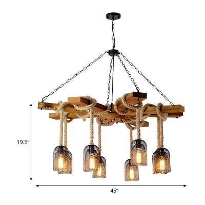Wood 3/6/8 Lights Chandelier Lamp Industrial Style Metal Caged Ceiling Light Fixture with Rope