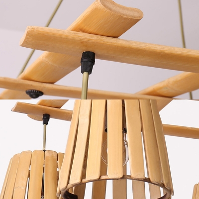 Wood Barrel Ceiling Pendant Light Simple Style 4 Lights Beige Hanging Chandelier