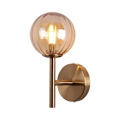 1 Bulb Bedroom Sconce Light Retro Style Brass Finish Wall Lamp with Sphere Red/Green/Amber Glass Shade