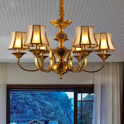 3/5/6 Heads Curved Arm Pendant Chandelier Colonialist Gold Metal Hanging Light Kit with Opal Frosted Glass Shade