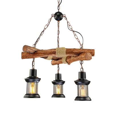 3 Lights Kitchen Chandelier Industrial Black Hanging Ceiling Light with Lantern Clear Glass Shade