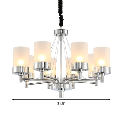 8 Heads Dining Room Chandelier Lamp Modern Chrome Hanging Light Kit with Cylindrical Frosted Glass Shade