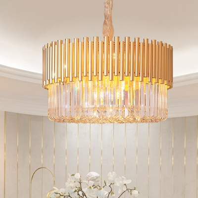 8-Light LED Living Room Chandelier Lighting Gold Ceiling Hang Fixture with Drum Crystal Shade
