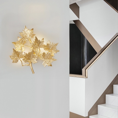 Aluminum Maple Leaf Wall Lighting Modern Style 3 Lights Stairway Wall Sconce Fixture in Gold