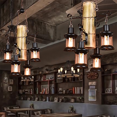 Bamboo and Iron Hanging Lights Asian 4 Light Creative Pendant Chandelier in Black for Restaurant
