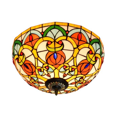 Baroque Dome Ceiling Light Fixture 3 Bulbs Stained Glass Flush Mount Lighting in Bronze for Kitchen