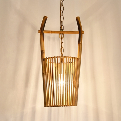 Barrel Shaped Bamboo Hanging Light Asia 1 Light Beige Suspension Pendant for Dining Room