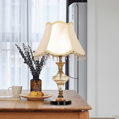 Beige Bell Nightstand Light Traditionalism Fabric 1 Light Living Room Table Lamp with Crystal Draping