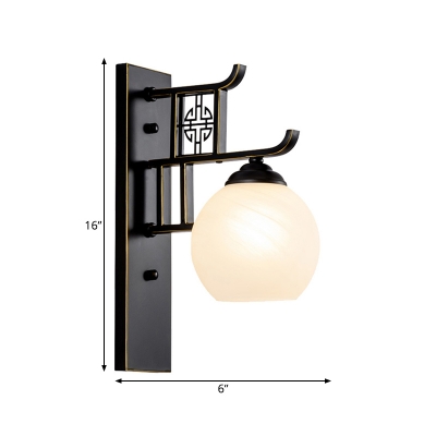 Black 1 Light Wall Lamp Traditional Metal Dome Wall Mount Light with Opal Frosted Glass Shade