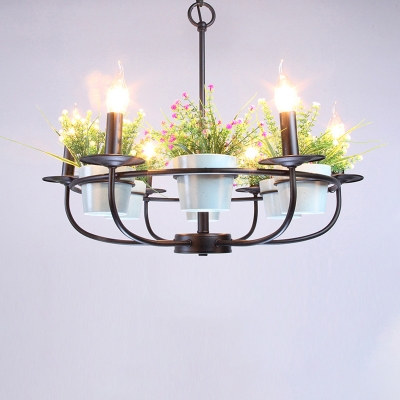 Black Candle Ceiling Chandelier Vintage Metal 6/8 Lights Dining Room Pendant Lighting with Plant Deco