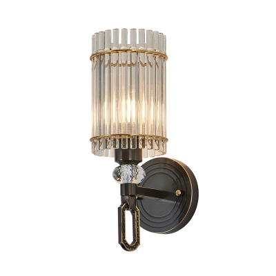 Black Cylinder Wall Sconce Lighting Traditional 1/2 Bulbs Clear Crystal Wall Light Fixture