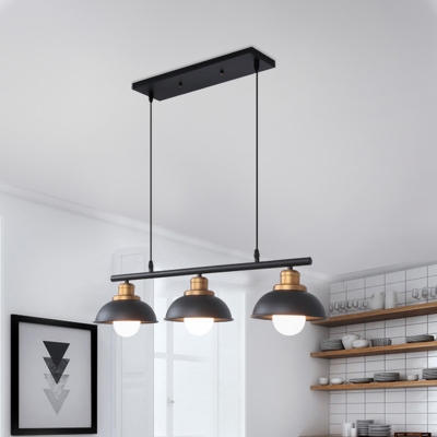Black/White Dome Island-Light Industrial Style 3 Heads Metal Height Adjustable Island Ceiling Light for Dining Room