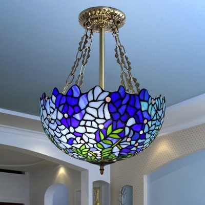 Blue Bowl Semi Flush Mount Light Mediterranean 3 Heads Handcrafted Art Glass Ceiling Fixture