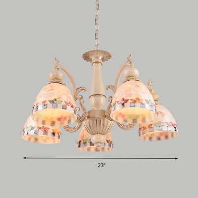 Bowl Shape Hand-Crafted Glass Hanging Chandelier Tiffany-Style 3/5/9 Lights Beige Suspension Pendant